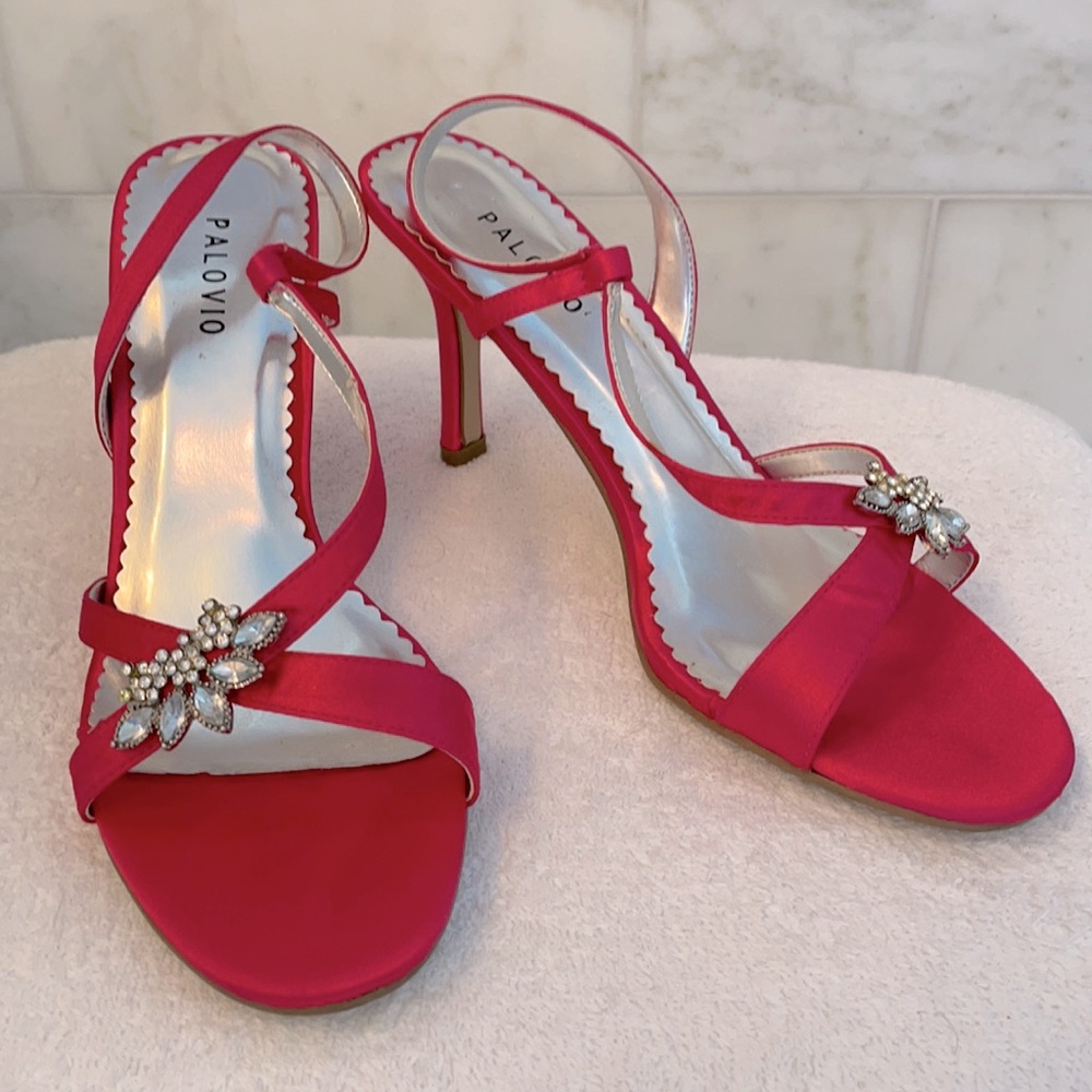Hot pink satin heels w/ rhinestone accent